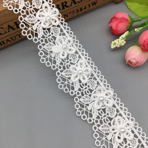 1 Yard 3.5cm Pearl Beaded White Flower Embroidered Lace Trim Ribbon Fabric Sewing Craft DIY For Costume Wedding Dress Decoration