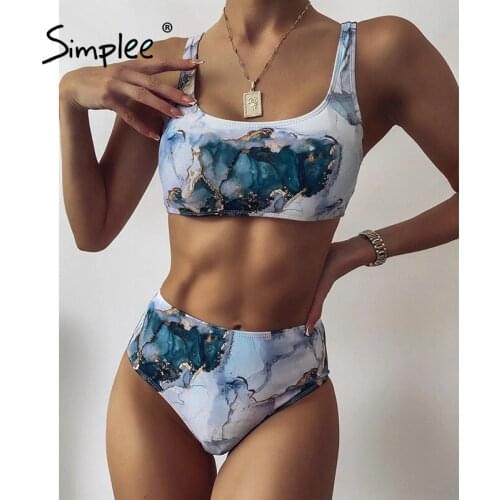 Simplee Bandeau push up bikinis 2021 mujer Sexy marble print women swimsuit High waist swimwear Sport bathing suit Beach wear