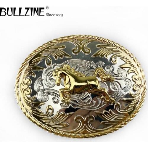 Bullzine zinc alloy western horse belt buckle silver and gold finish FP-03533 LUXURIOUS cowboy jeans gift belt buckle