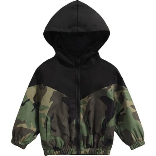 Children Patchwork Camouflage Hooded Coat,Kids Baby Boys Long Sleeve Elastic Hem Zip-up Jacket with Pockets 2-7T