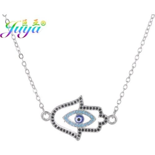 Juya Turkish Necklace Supplies Micro Pave Zircon Hamsa Hand Fatima Enamel Evil Eye Pendant Necklace For Women Handmade Jewelry