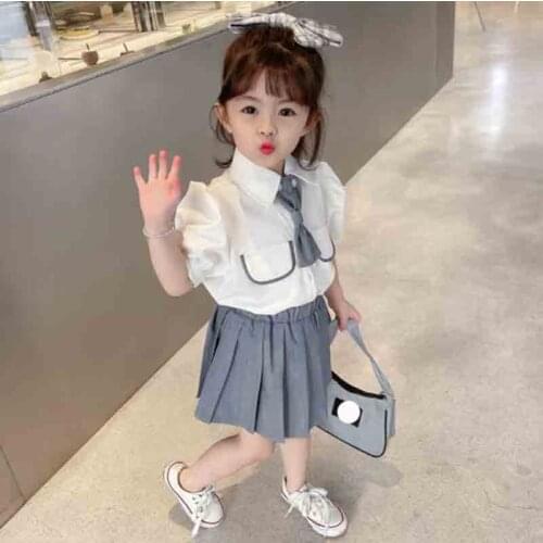 Cultiseed Girls Cute Birthday Party Formal Dress Sets Clothing Children Kids Turn Down Collar Shirts+Pleated Gowns 2pcs Suits