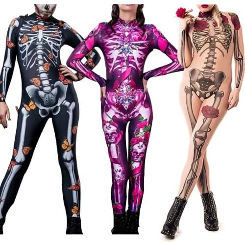 Halloween Skeleton Costume for Woman Long Sleeve Tight Bodycon Jumpsuit Elastic Women Sexy Skull Bodysuit Catsuit Party Wear