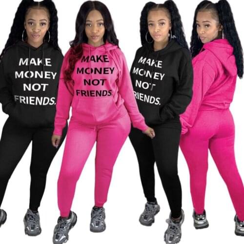 Echoine Women Autumn Sports Two Piece Set Make Money Not Friends Hoodies Jogger Pants Suit Tracksuit Matching Set Casual Outfit