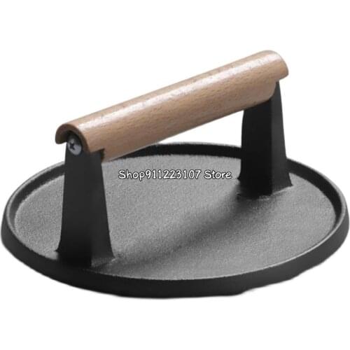 Round BBQ Tool Cast Iron Wooden Handle Steak Press Grill Roast Fried Meat Pressure Tool for Grill Burgers &Sausage Kitchen BBQ