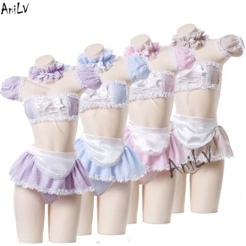 AniLV Lovely Girls Lace Plaid Maid Bikini Swimsuit Costume Anime Lolita Swimwear Uniform Temptation Lingerie Cosplay Clothes