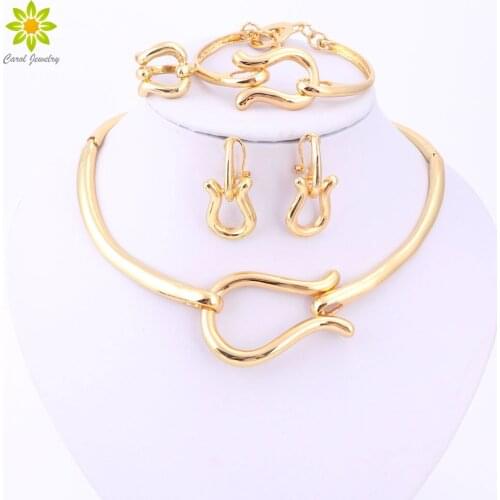 Fashion Jewelry Sets For Women Gold Color Choker Necklace Earrings Bracelets Ring Wedding Set Party Accessories