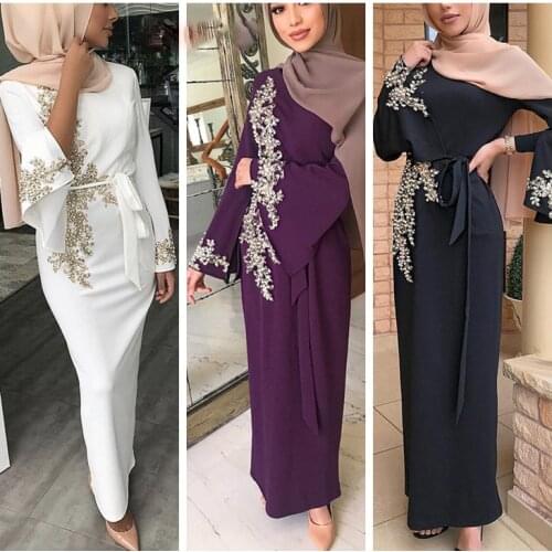 Muslim Women Long Sleeve Hijab Dress Lace Applique Dubai Abaya Islam Kaftan Summer Prayer Long Robe Islamic Fashion Clothing
