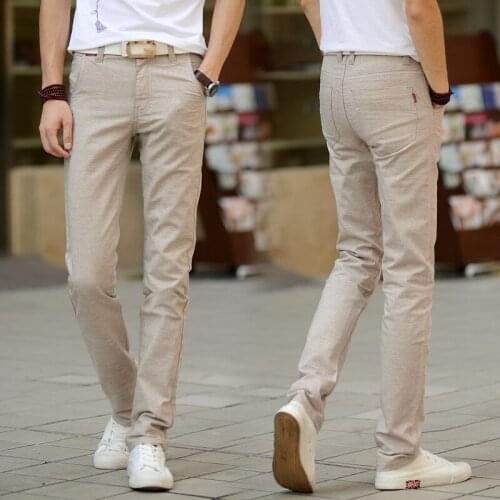 Men Stylish Linen Elastic Straight Leg Casual Trousers Pants Thin Slim Fit Soft Comfortable Versatile Simple Solid Color 2020 Ho