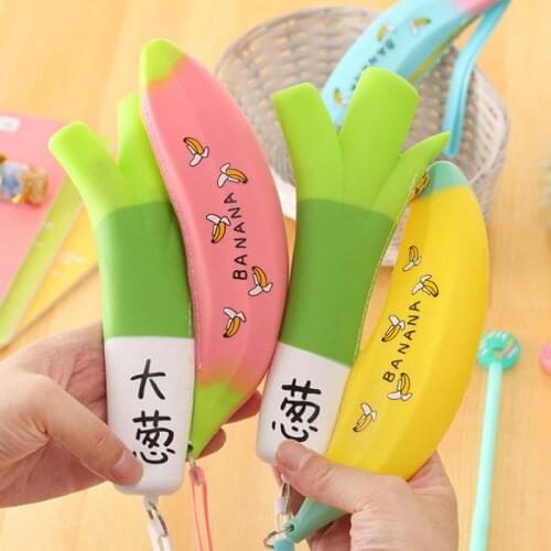 Novelty Banana & Green Onion Silicone Waterproof Pencil Case Stationery Storage Organizer Bag School Office Supply Escolar