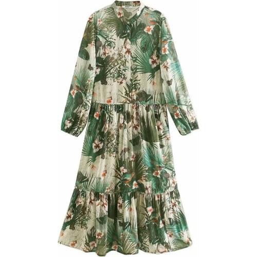 New Women Dress Chiffon Printed Midi Dresses Fashion Chinese Style V-Neck Dress Women Green Elegant Long Sleeve Loose Dresses