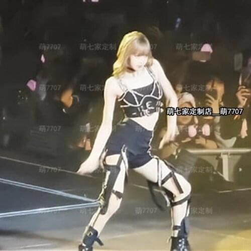 Kpop Korea Girl Group Jazz Dance New Strapless Tops Sexy Zipper Camisole Tanks+Black Slim High Waist Shorts Women Nightclub Sets