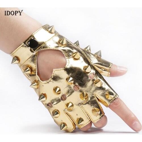 Idopy Men`s Women`s Rivet Faux Leather Glove Multi Colors Dancing Rock And Roll Jazz Cosplay Party Studded Glove