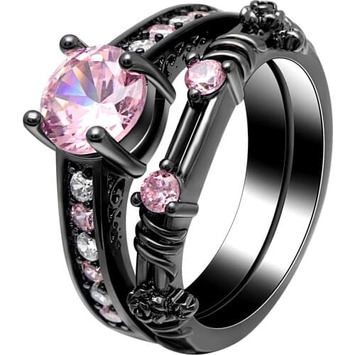 Luxury Fashion Pink/Black Square Cubic Zircon Black Gold Color Ring Sets Wedding Engagement Jewelry For Women
