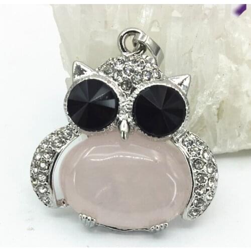 Pink crystal stone chalcedony jades owl charms pendant 33*35mm silver-color fit diy women necklace jewelry accessories B3067