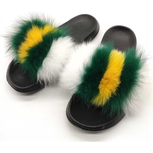 Women Summer Real Fox Fur Slides Women Non-slip Fluffy Fur Slippers Women Furry Slippers Ladies Cute Plush Fox Hair Slippers Hot