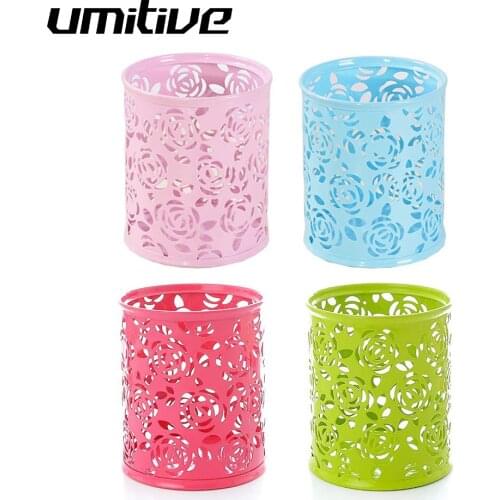 Umitive Hollow Rose Flower Pen Case Pencil Stand Round Desk Pencil Pen Holder Desk Organizer Gift