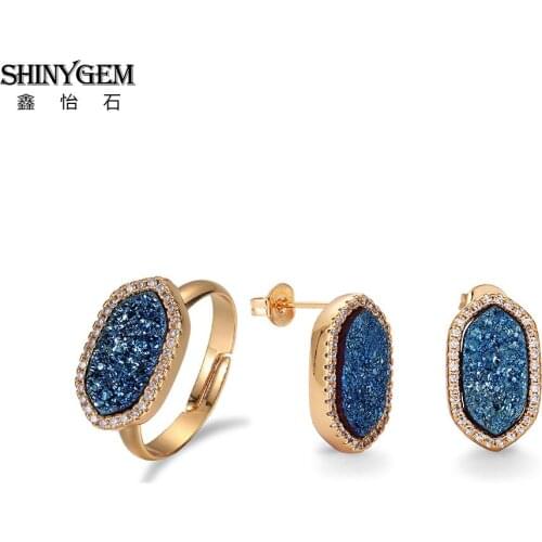 ShinyGem Natural Crystal Jewelry Sets Geometric Stud Earrings Adjustable Rings For Women Cubic Zircon Gold Plating Jewelry Sets