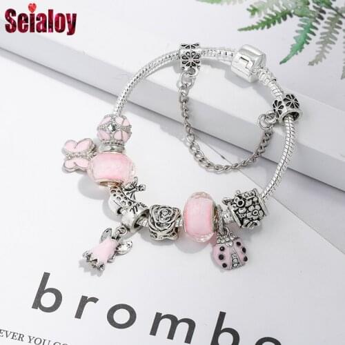 Seialoy pink Rosetta Rose Charm Bracelets For Women Original Butterfly Flower Beaded Bangle Girls Party Jewelry Gift