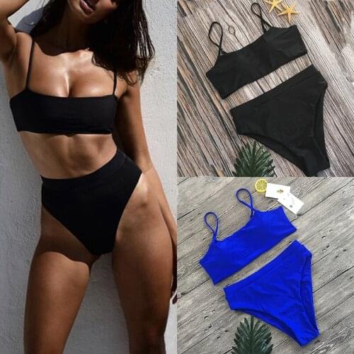 2021 New Summer Women Swimsuit Sexy High Waist Bikini Popular Swimming Suit Bikini 2 Pieces Solid Swimwear Fashion Beachwear Set