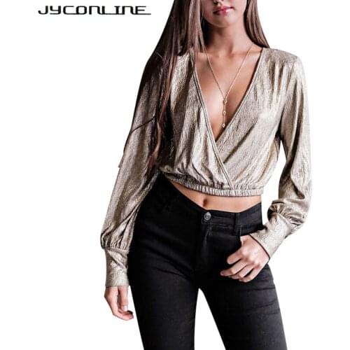 JYConline Deep V Neck Women Blouse And Shirts 2017 Autumn Long Sleeve Tops Female Shirts Sexy Crop Top Bling Tunic Short Blusas