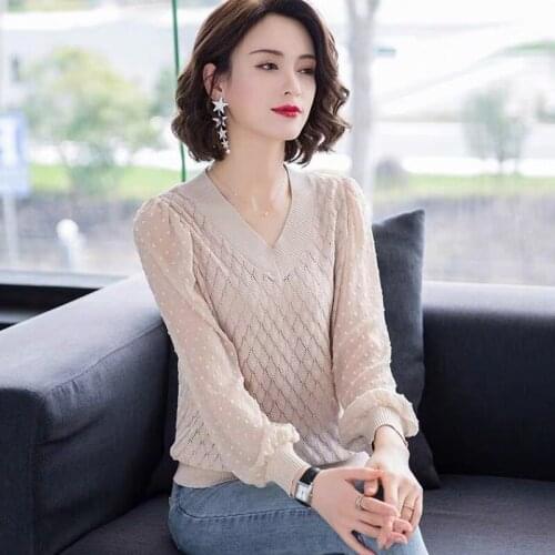 Fad V-Neck Autumn Womans Knit Pullovers Transparent Puff Sleeve Ladies Sweater Plus Size Office Ladies Style Jumpers for Women