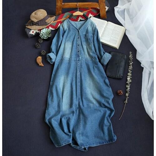 Lamtrip Casual 2021 Spring Vintage Women V-Neck Long Denim Dress