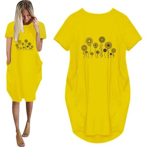 Streetwear Short Sleeve Dandelion Print Large Dress Women Casual O-neck Pocket Midi Summer Dresses 2021 Loose Yellow Vestidos