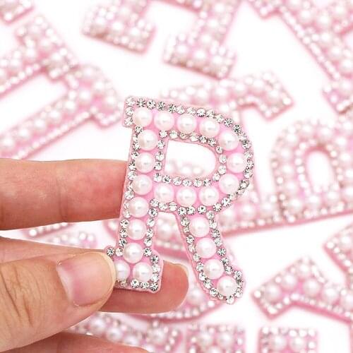 1Pcs Pearl Letter Pink Patches English Alphabet Rhinestone Patch Applique For Clothes Sew On Patches Stripes Badges DIY Bag Name