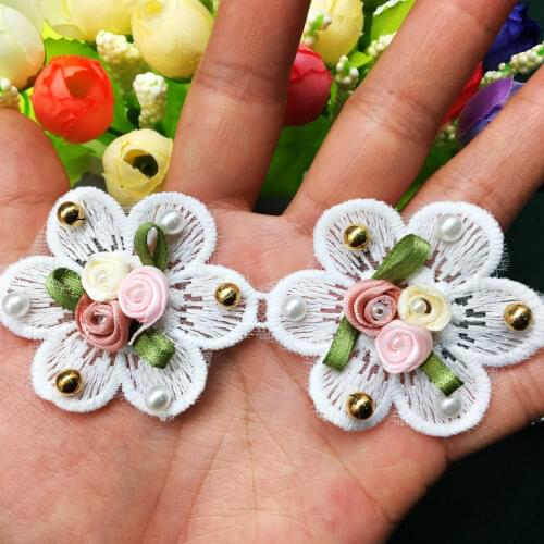 10x Cotton 3D Pearl Flower Lace Trim Ribbon Fabric Embroidered Applique DIY Patches Sewing Craft Wedding Dress Material