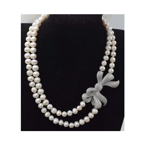 2rows freshwater pearl white near round 8-9mm necklace 17-18inch FPPJ wholesale beads nature