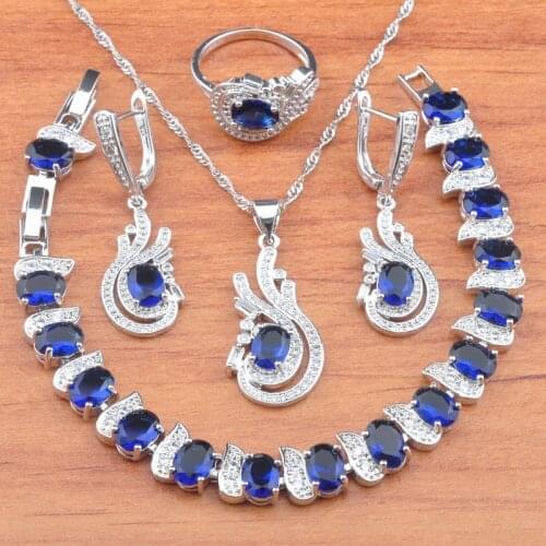 2020 New Silver Color Party Jewelry Sets For Women Costume With Natural Blue Stones CZ Dangle Earrings And Bracelet Sets JS0720