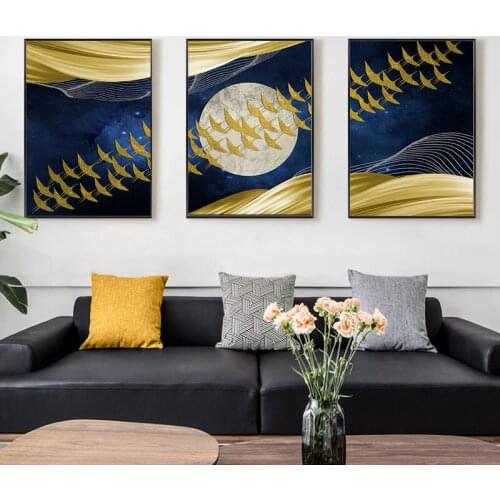 Abstract Moon Wall Art Canvas Painting Golden Mountain Birds Nordic Posters and Prints Wall Pictures for Living Room Home Décor