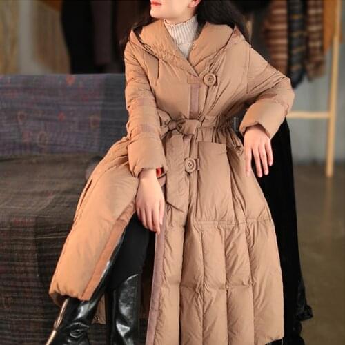 Ailegogo Winter Women Loose Thick Warm Hooded 90% White Duck Down Long Coat with Belt Vintage Female Snow Down Jacket Outwear