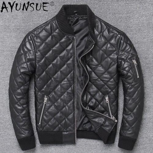 AYUNSUE Motorcycle Genuine Sheepskin Leather Jacket Men Clothing Baseball Clothes Winter Coat Mens Warm Jackets Veste LXR867