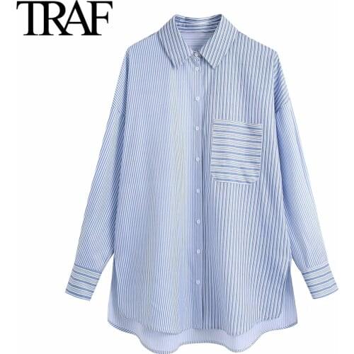 Traf Women Clothing 2021 Spring Autumn Striped Long Sleeve Blouses Chic Street Loose Button Up Shirts French Ladies Tops