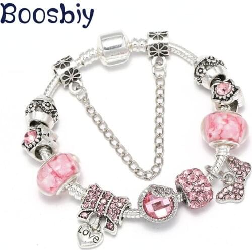 Boosbiy New Fashion Crystal Bowknot & Heart Charms Beads Fit European Style Brand Bracelet Pink Exquisite Jewelry Gift for Women