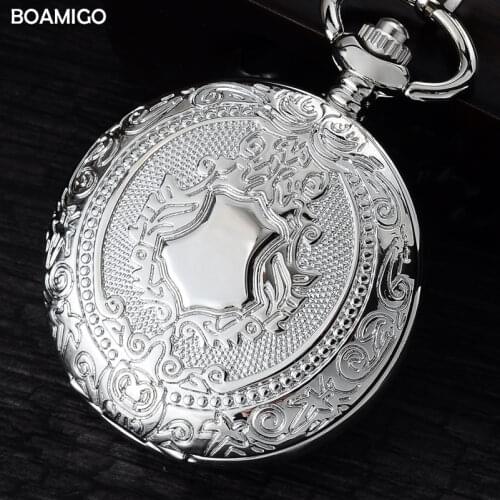 FOB men pocket watches fashion mechanical watch BOAMIGO brand skeleton roman number watches silver chain gift clock reloj hombre