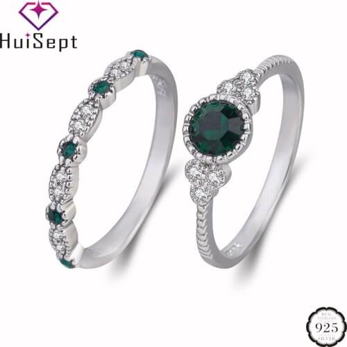 HuiSept Retro Women Ring 925 Silver Jewelry 2 in 1 Emerald Sapphire Zircon Gemstone Rings Accessory for Wedding Engagement Party