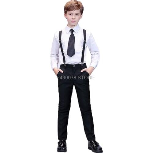 Flower Boys Formal Clothing Set Kids Strap Shirt Pants Bowtie Wedding Tuxedo Suit Children Birthday Piano Performance Costume