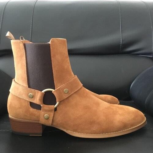 NEW real Picture Customize Handmade cow suede leather slip one with buckle strap men Chelsea Boots wyatt harry Harness Boots