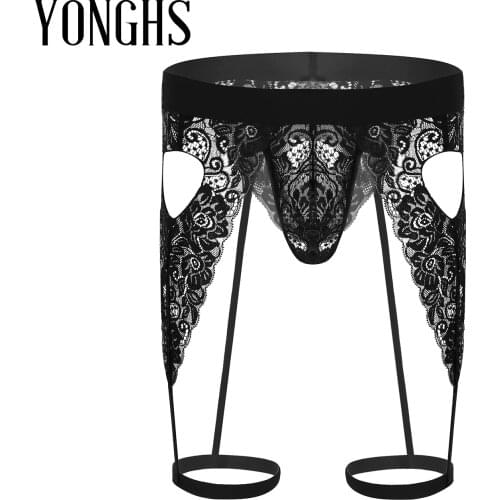 Mens Lingerie Panties See Through Floral Lace Open Butt Bulge Pouch Cutout Bikini G-string Thong Underwear with Leg Garters Band