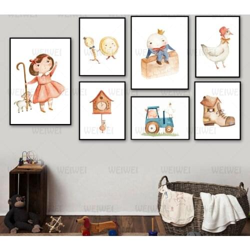 Wall Art Canvas Painting Cartoon World Girl Sheep Chicken Shoe Clock Pig Nordic Posters and Prints Wall Pictures Kids Room Deco