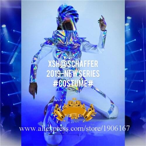 Nightclub Stage Performance Silver Mirror Woman Party Clothes Dance Team Suit Headwear Christmas Halloween Ballroom Costumes