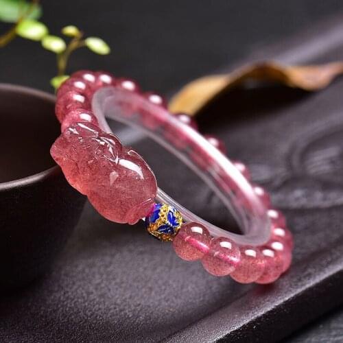 Wholesale Strawberry Natural Crystal Bracelets Bucket Round Beads With Pixiu Bracelet for Women Girl Wrist Jewelry JoursNeige