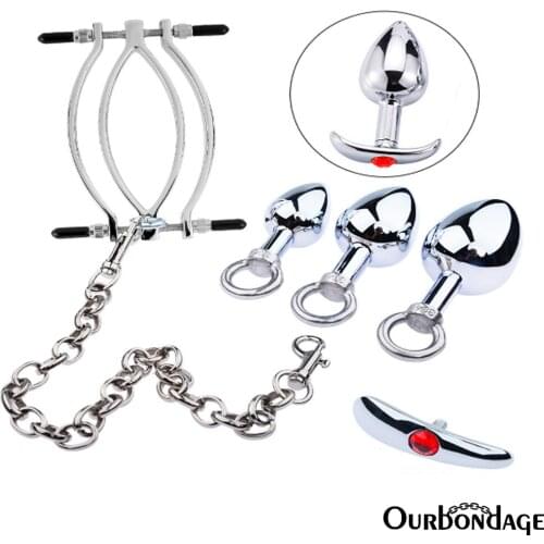 Ourbondage 3 Size Alloy Anal Butt Plug With Stainless Steel Labia Clamps Clip For Women Prostate Massage Adult Sex Toys