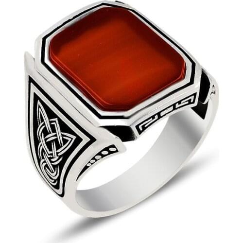 Silver Handmade Agate Stone Ring, Embroidered Mens Ring, Ottoman Jewelry, Made of 925 Sterling Silver