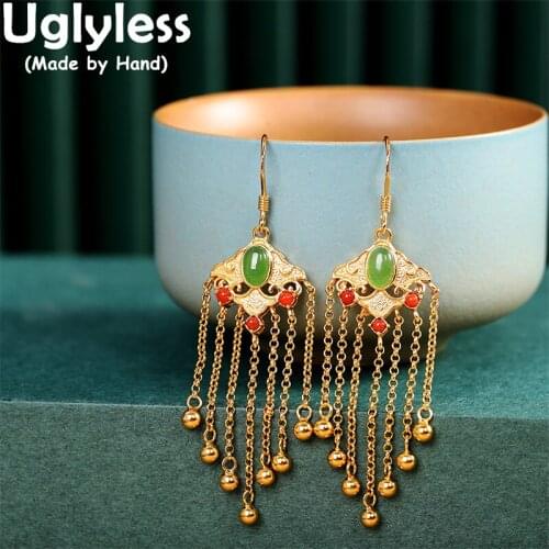 Uglyless Exotic Enamel Triangles Earrings for Women Solid 925 Silver Sticks Tassels Earrings Vintage Fashion Dress Jewelry Agate