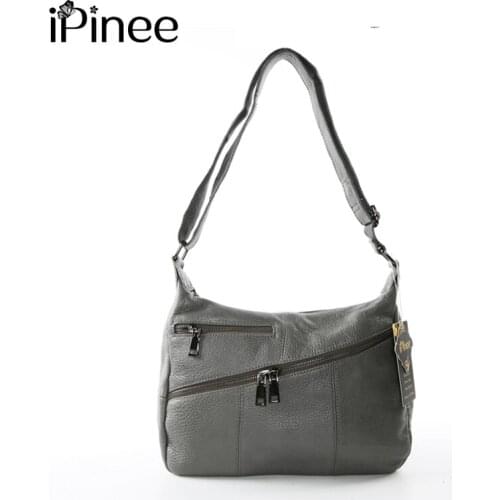 IPinee Ladies Fashion Tote Genuine Leathe Handbags Double Zipper Bags Black/Grey Female Messenger Crossbody Fashion Purse