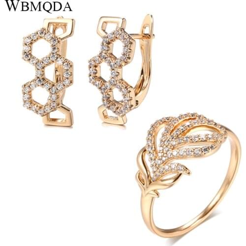 Wbmqda Hot 585 Rose Gold Crystal Flower Earrings Ring Sets Fashion Natural Zircon Vintage Ring for Women Daily Fine Jewelry